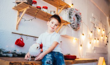 Noel 'de mutfakta oturmuş kameraya gülümseyen sevimli küçük çocuk.