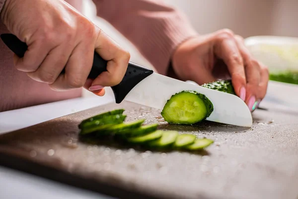 Partial View Woman Chopping Fresh Cucumber Healthy Salad — Stock Photo, Image