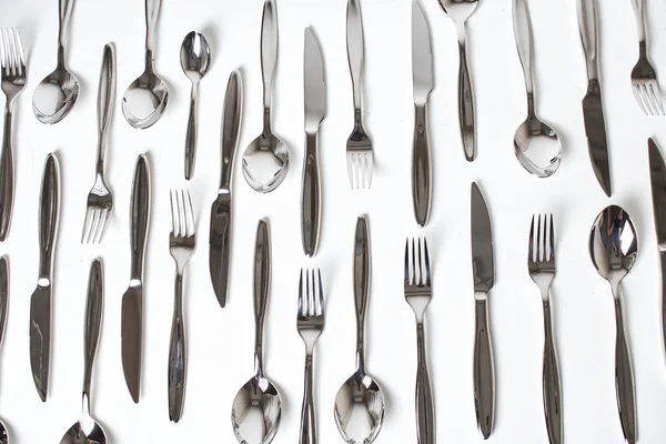 Set Shiny Silver Cutlery White Background Close View — 스톡 사진