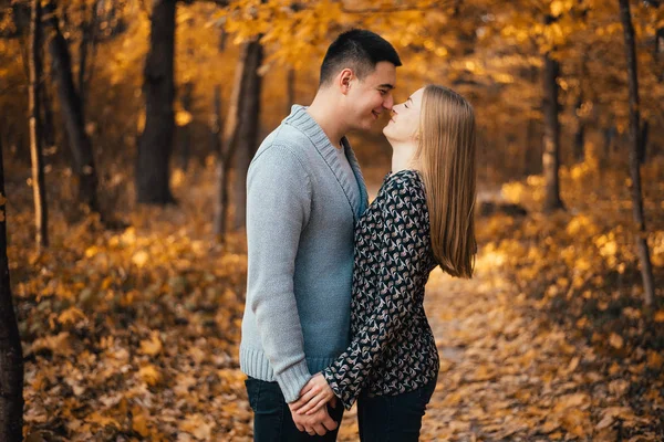 Feliz Pareja Joven Cogida Mano Besándose Parque Otoño Vista Lateral —  Fotos de Stock