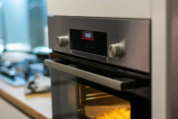 close-up view of modern professional oven in kitchen