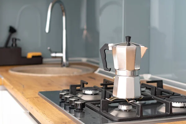 Close View Moka Pot Coffee Maker Stove Kitchen — 스톡 사진