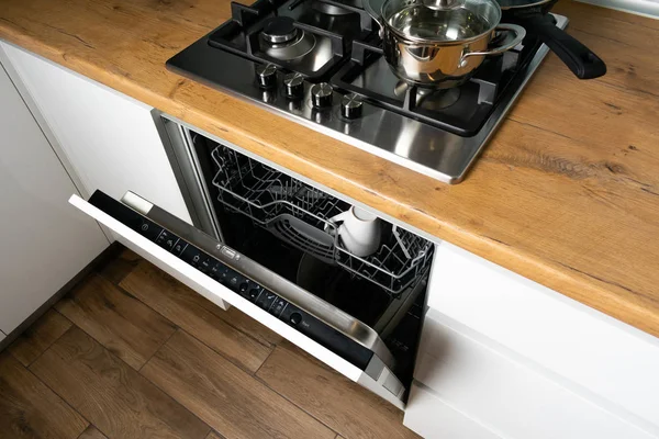 High Angle View Pans Stove Open Dishwasher Kitchen — 스톡 사진