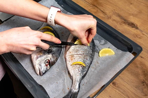 Potret Wanita Memasak Ikan Lezat Dengan Irisan Lemon Baking Tray — Stok Foto