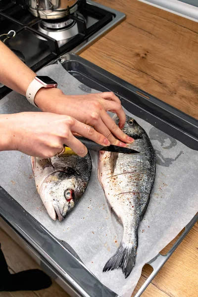 Potret Wanita Memasak Ikan Dengan Rempah Rempah Dan Irisan Lemon — Stok Foto