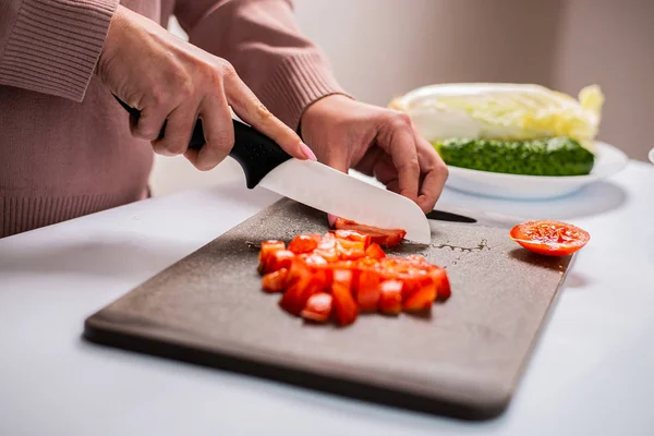 Close Partial View Woman Chopping Fresh Tomato Healthy Salad — Stock Photo, Image