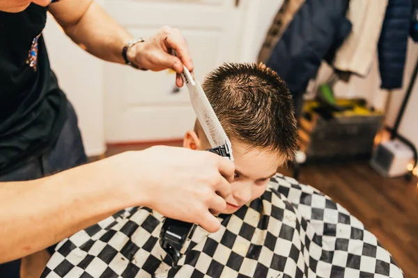 Barber Making Haircut Grooming Adorable Little Boy Hair Salon — Stock Photo, Image