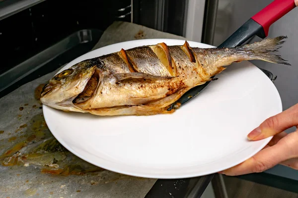 Potret Wanita Memegang Piring Dengan Ikan Panggang Yang Lezat — Stok Foto