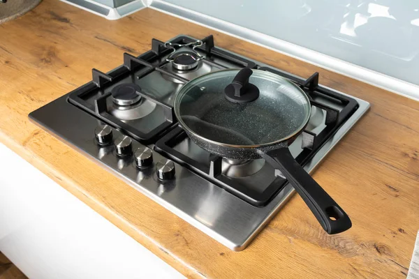 High Angle View Frying Pan Modern Stove Wooden Counter Kitchen — 스톡 사진