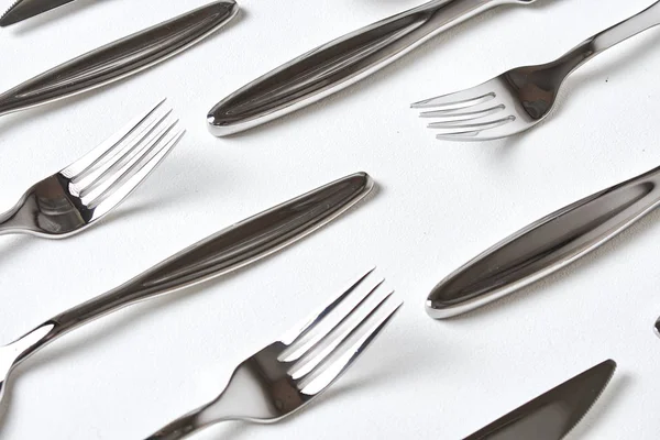 Collection Shiny Silver Cutlery White Background Close View — Stock Photo, Image
