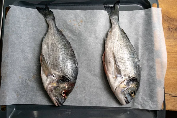 Top View Fresh Raw Fish Cook Baking Tray — Stok Foto