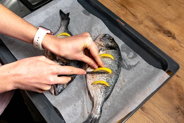 Potret Wanita Memasak Ikan Lezat Dengan Irisan Lemon Baking Tray — Stok Foto