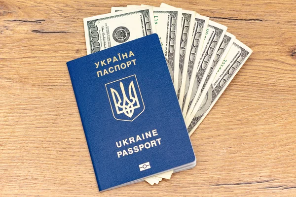 Вид Український Паспорт Банкноти Доларах Дерев Яному Фоні — стокове фото