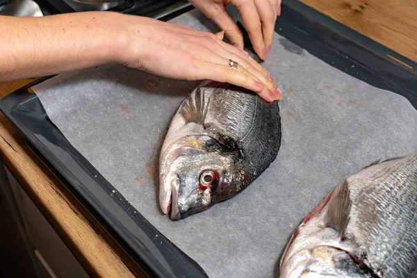 Potret Wanita Memasak Ikan Lezat Baking Tray — Stok Foto