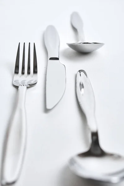 Close View Shiny Steel Cutlery White Background — 스톡 사진
