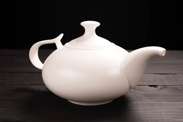 Close View White Ceramic Teapot Wooden Table Stock Picture