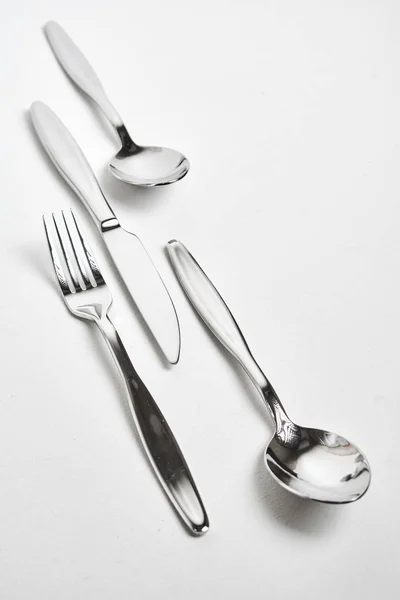 Collection Shiny Silver Cutlery White Background Close View Royalty Free Stock Images