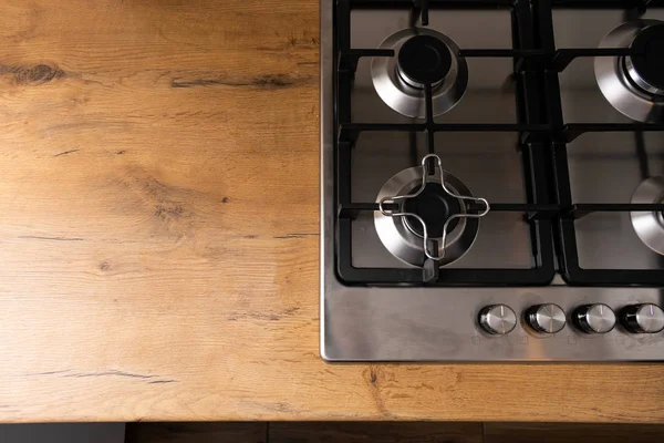 Top View Clean Stove Wooden Counter Kitchen — 스톡 사진