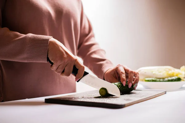 Close Partial View Woman Chopping Fresh Cucumber Healthy Salad — Stock Photo, Image