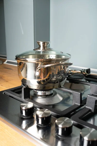 Close View Pan Modern Stove Wooden Counter Kitchen — 스톡 사진