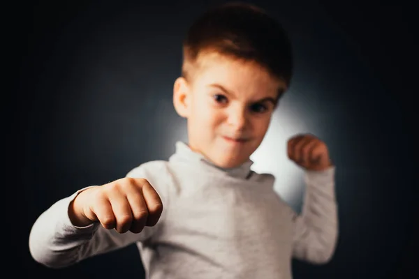 Angry Little Boy Gesturing Looking Camera Grey Background — 스톡 사진