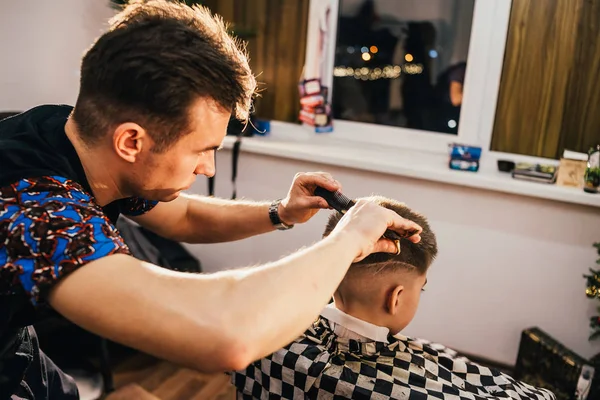 Young Barber Making Haircut Cute Little Boy Barbershop — Stock Photo, Image