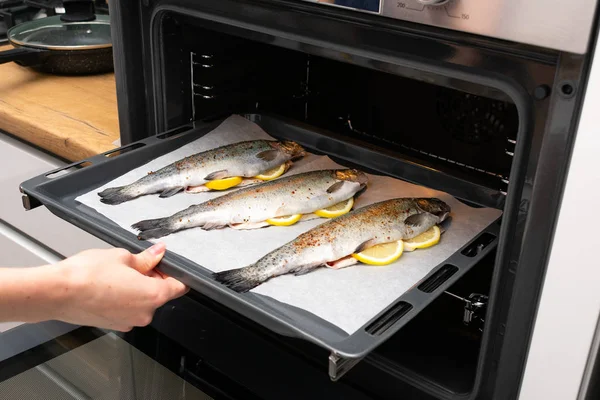 Potret Orang Memasak Ikan Lezat Baking Tray Dalam Oven — Stok Foto