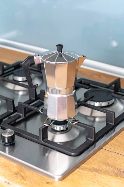 Close View Moka Pot Stove Kitchen — 스톡 사진