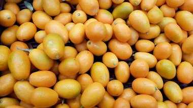 Yerel pazarda taze çiğ Kumquat (Citrus Japonica) satılıyor.