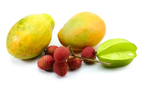 Coleção Frutas Carambole Litchi Payapa Manga Amarela — Fotografia de Stock