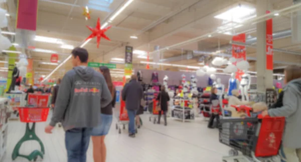 Defocus Bokeh Blurred People Make Shopping Saturday Supermarket Shopping Cart — Stock Photo, Image