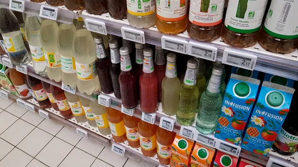 Bordeaux, France - January 11, 2020 : organic drinks section in a supermarket — 스톡 사진