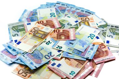 Mixed value of euro bank notes isolated on white background