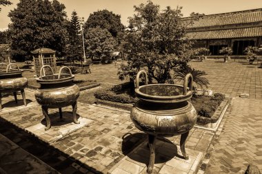 HUE, VIETNAM, August 04, 2015 : The dynastic urns in Hue Imperial city