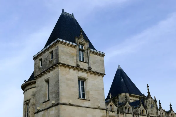 Detalles arquitectónicos de primer plano del antiguo castillo histórico o castillo en Francia - contra nubes blancas de cielo azul — Foto de Stock