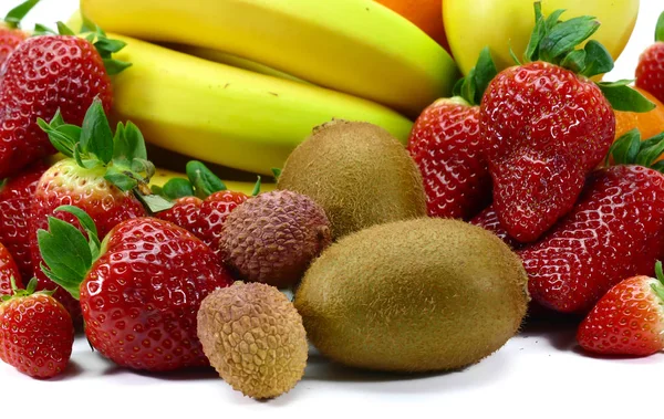 Coleção Frutas Frescas Ricas Vitaminas Banana Morangos Maçã Clementina Kiwi — Fotografia de Stock