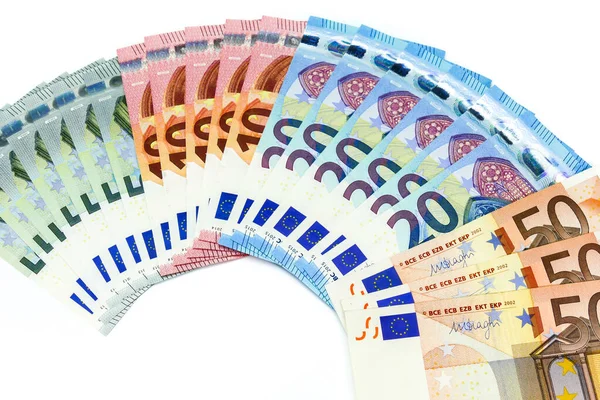 Valeur Mixte Des Billets Banque Euros Isolés Sur Fond Blanc — Photo