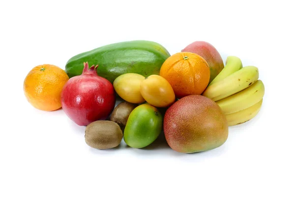 Verzameling Van Fruit Granaatappel Sinaasappel Miniatuur Mango Banaan Kiwi Payapa — Stockfoto