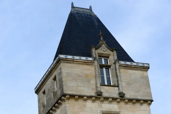 Closeup architectural details of ancient historic castle or chateau in France - against blue sky white clouds — Stock Photo, Image