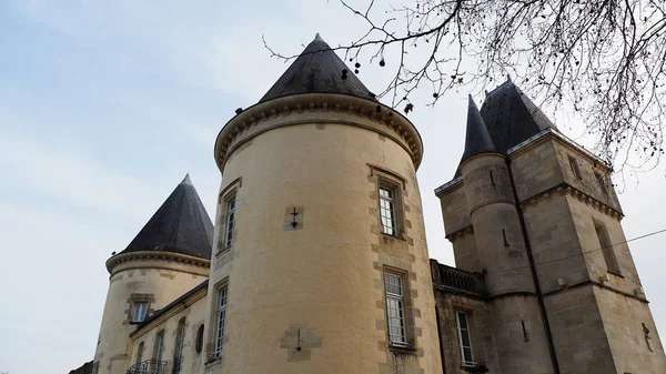 Antiguo castillo castillo en el suroeste de Francia visto desde la calle pública en invierno — Foto de Stock