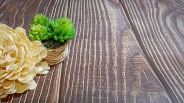 Ahşap bir masa üzerinde saksı ve beyaz çiçeklerle doludur.