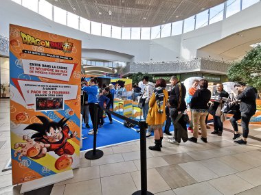BORDEAUX, FRANCE, March 07, 2020 : BANDAI organizes animations in shopping center AUCHAN LAC, with Dragon Ball Super game and Nintendo switch and figurines cards