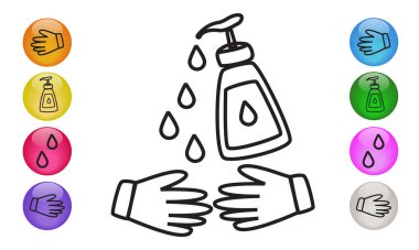Yıkama, elleri sıvı sabunla dezenfekte etme. El dezenfektanı jel pompası ikonu. Vektör illüstrasyonu EPS 10