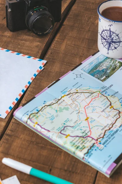 Carte Sur Une Table Bois Pour Planifier Organiser Voyage Avec — Photo