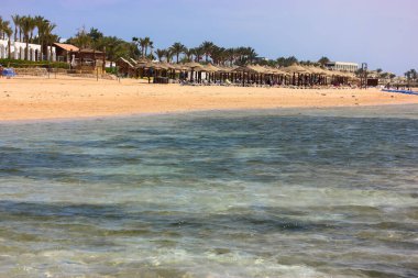 Lüks tatil köyü: güneşten korunmak için sahil ve saman şemsiyeler, deniz kenarında tembel yaz tatili, güneşli güzel bir gün..