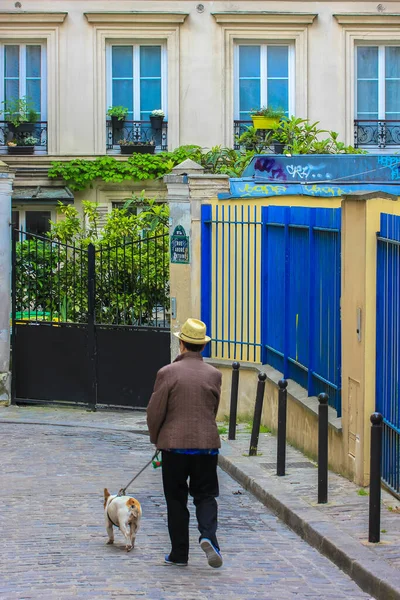 Paris Fransa Boş Bir Sokakta Köpeğini Gezdiren Bir Kadın Asfaltlı — Stok fotoğraf