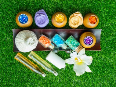 Spa aksesuarları yeşil çimenlerin üzerinde sağlıklı cilt için fırçalayın.