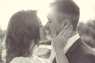 güzel gelin damat yavaşça öper. gün batımında siluet