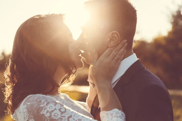 güzel gelin damat yavaşça öper. gün batımında siluet