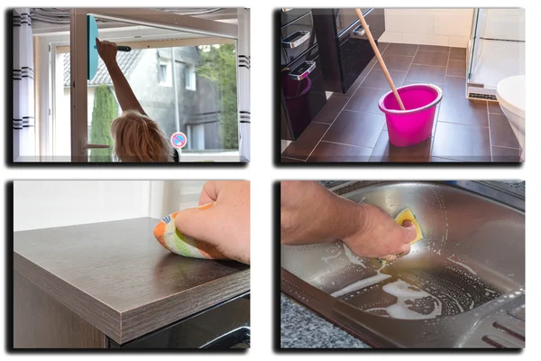 Afbeelding is verdeeld in 4 delen over huishoudelijk werk — Stockfoto